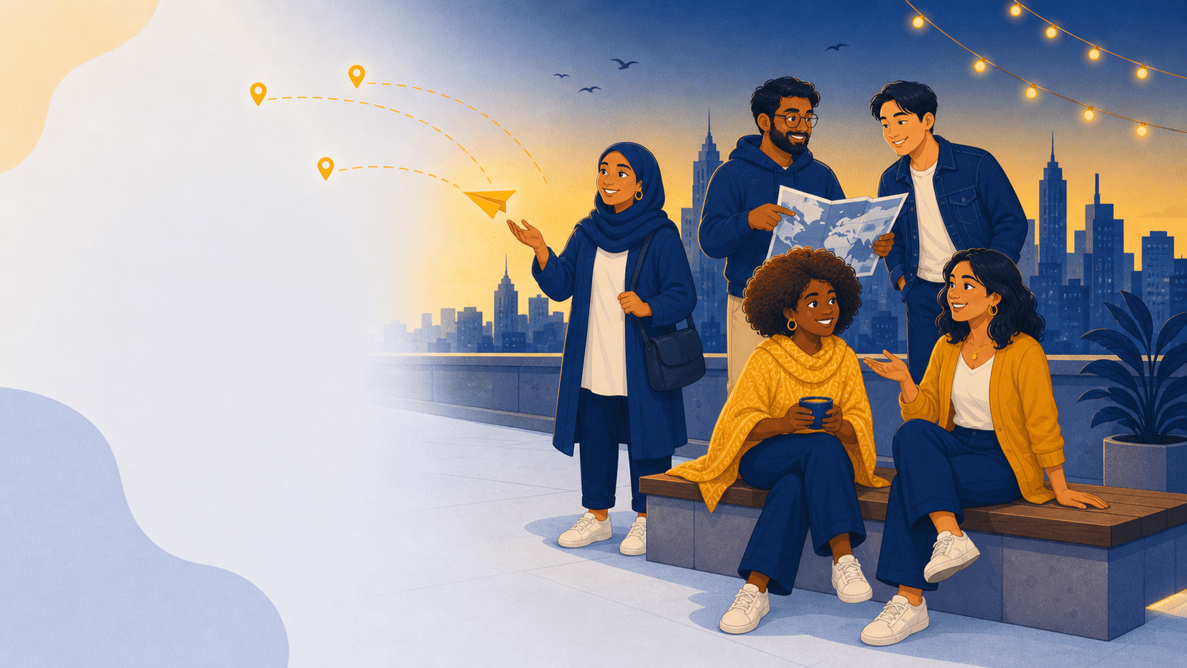 Diverse diaspora community members connecting at golden hour